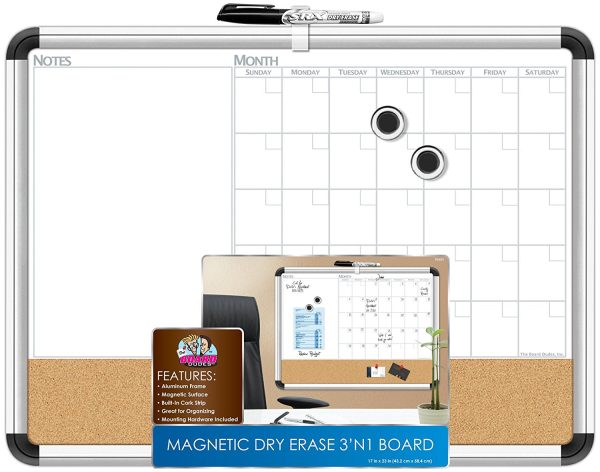 Board Dudes 17 x 23 Aluminum Framed Magnetic 3 In 1 Dry Erase Cork Calendar Hot on Sale